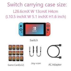 Puede incluir: Una maleta de transporte para una consola Nintendo Switch, con una consola Switch azul y roja, dos mandos Joy-Con, un adaptador de corriente negro y 12 tarjetas de juego. La maleta mide 26,6 cm de largo, 13 cm de ancho y 4 cm de alto.