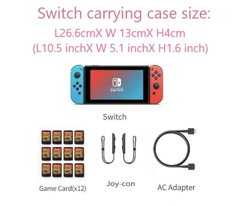 Puede incluir: Una maleta de transporte para una consola Nintendo Switch, con una consola Switch azul y roja, dos mandos Joy-Con, un adaptador de corriente negro y 12 tarjetas de juego. La maleta mide 26,6 cm de largo, 13 cm de ancho y 4 cm de alto.