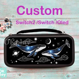 May include: Black carrying case with a handle, featuring a whale design with a starry night sky. The case has the word "Custom" in purple and the text "Switch2 / Switch / Oled".
