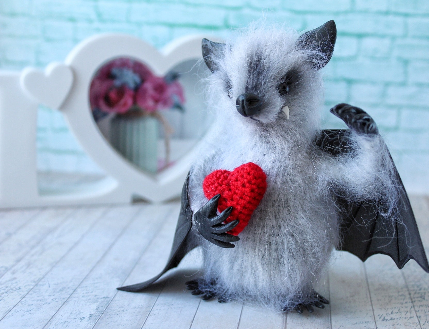 Bat with heart bat soft sculpture realistic bat doll cute Etsy