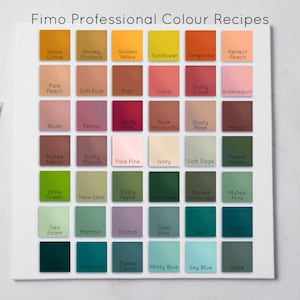 May include: A chart of 36 different Fimo polymer clay colours, organised in a grid. The colours are labelled with names like "Yellow Ochre", "Honey Mustard", "Golden Yellow", "Sunflower", "Tangerine", "Perfect Peach", "Pale Peach", "Soft Rust", "Rust", "Coral", "Dusty Coral", "Bubblegum", "Blush", "Peony", "Candy Pink", "Rose Terracotta", "Dusty Rose", "Merlot", "Muted Merlot", "Dusty Mauve", "Pale Pink", "Ivory", "Soft Sage", "Forest Green", "Lime Green", "New Leaf", "Dusty Apple", "Rainforest", "Muled Rainforest", "Muted Mint", "Sea Foam", "Matcha", "Orchid", "Steel Blue", "Teal", "Ocean Teal", "Turquoise", "Faded Denim", "Minty Blue", "Sky Blue", and "Slate".
