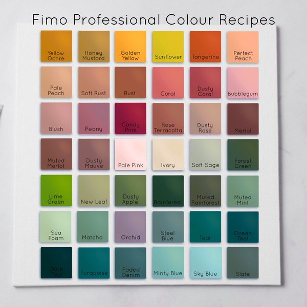 Polymer Clay Colour Recipe, 42 Colours, Fimo Professional, Fimo Clay Colours, Clay Recipe, Polymer Clay Colour Mixing, Clay Colour Palette