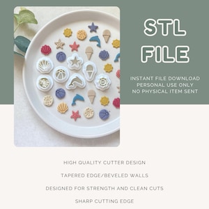 May include: A collection of clay cutters in summer shapes, such as seashells, stars, and ice cream cones, are arranged on a white plate. The image includes the text "SUMMER STUD PACK CLAY CUTTER DIGITAL DOWNLOAD" and "STL FILE". The cutters are in various colors.