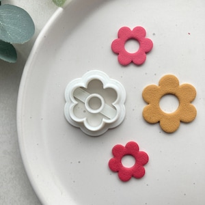 May include: A white plastic flower-shaped cookie cutter with a smaller circle in the centre. There are three flower-shaped cookies on a white plate, one is pink, one is yellow, and one is red.