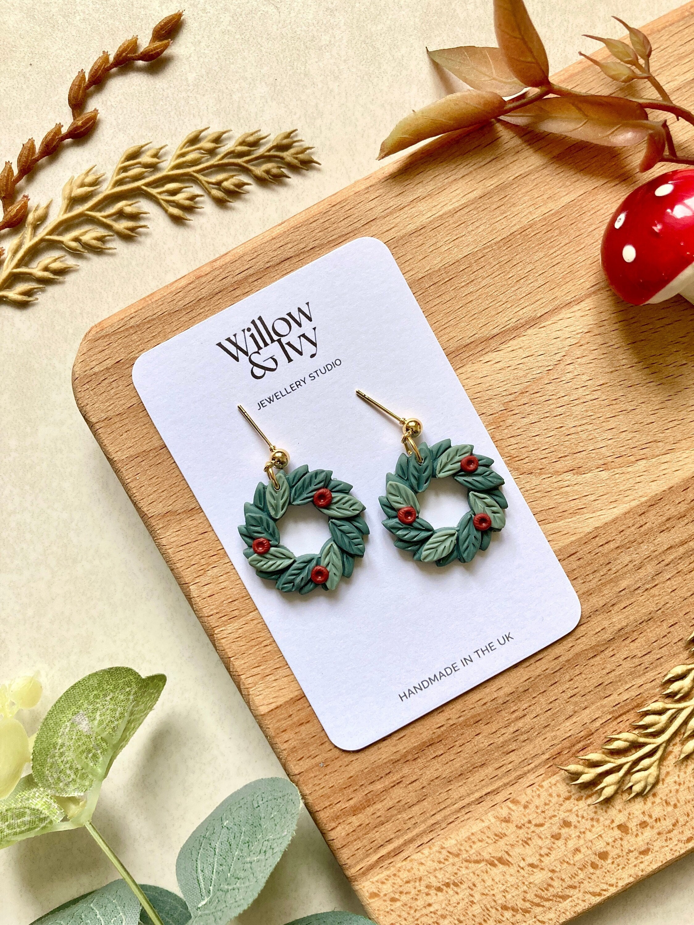 Christmas Earrings, Wreath Xmas Wreath, Festive Jewellery, Polymer Clay