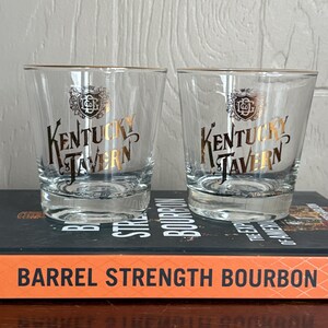 2 Vintage Kentucky Tavern Bourbon Old Fashioned Glasses ~ Barware Promo ~ Gold Rimmed Rocks Glasses ~ Whiskey Lowballs ~ Bourbon Collectible