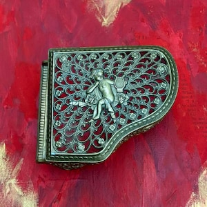 Vintage Gold Piano Filigree Cherub Music Box ~ Working Wind Up Grand Piano Musical Jewelry Trinket Box with Cupid & Harp Red Velvet Lining