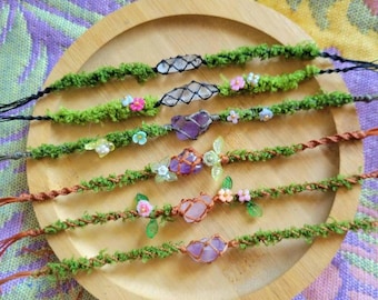 Crystal Fairycore Macrame Bracelet, Adjustable Cottagecore Boho Bracelet, Geek Nature Inspired Gift, Moss Bracelet， Gemstone Jewelry