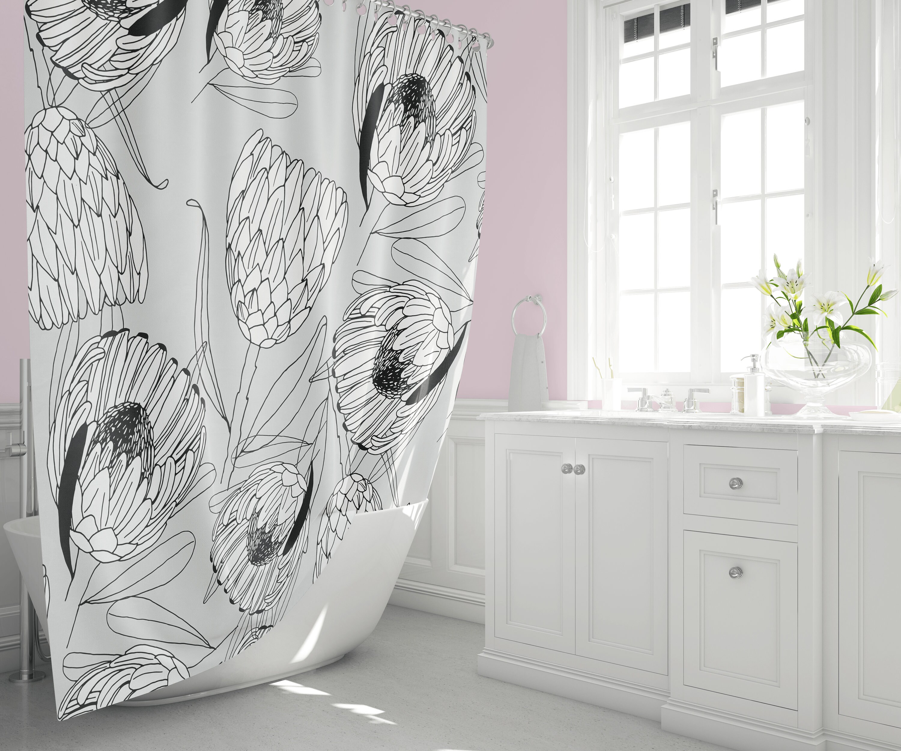 Floral Shower Curtain Grey Curtain Botanical Bathroom Etsy