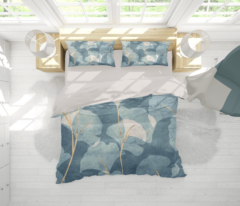 Duvet Cover Light Blue Beige Gold Ginko Leaves Abstract Etsy