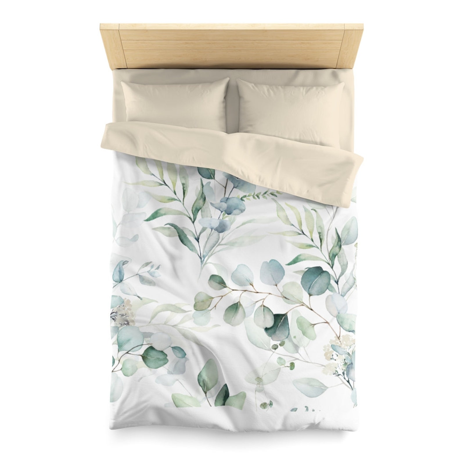 Floral Duvet Cover Eucalyptus Leaves Green White Gold Etsy