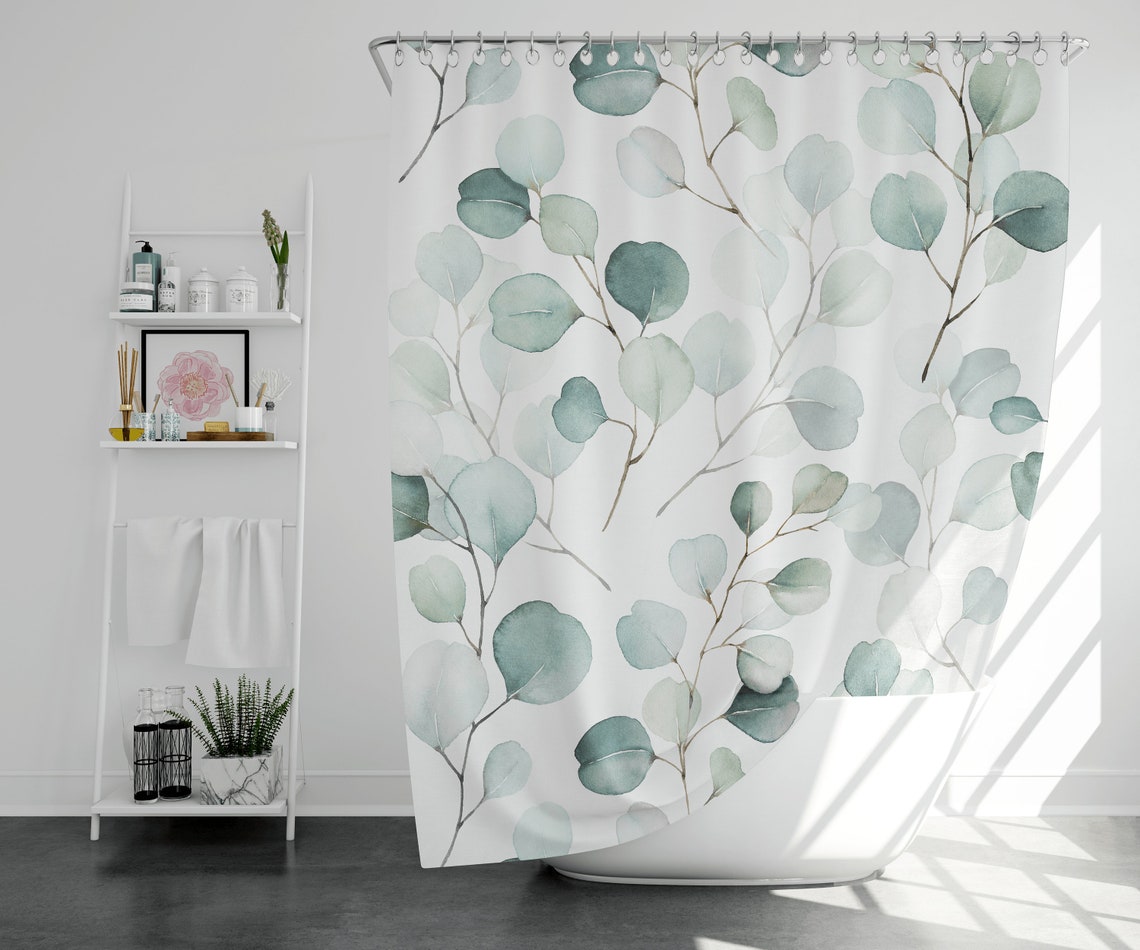 Eucalyptus Leaves Shower Curtain Green Leaves Bathroom Set Etsy