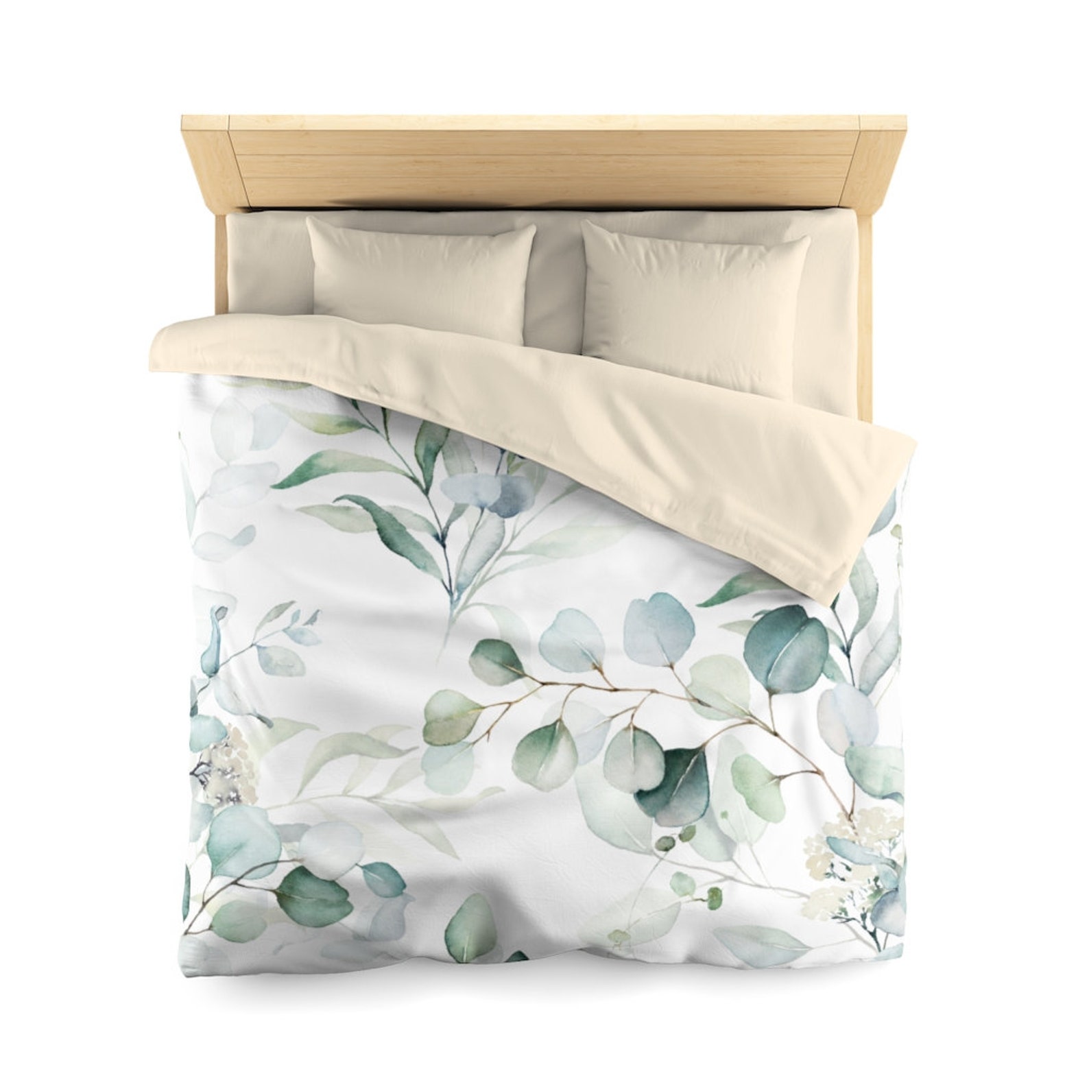 Floral Duvet Cover Eucalyptus Leaves Green White Gold Etsy