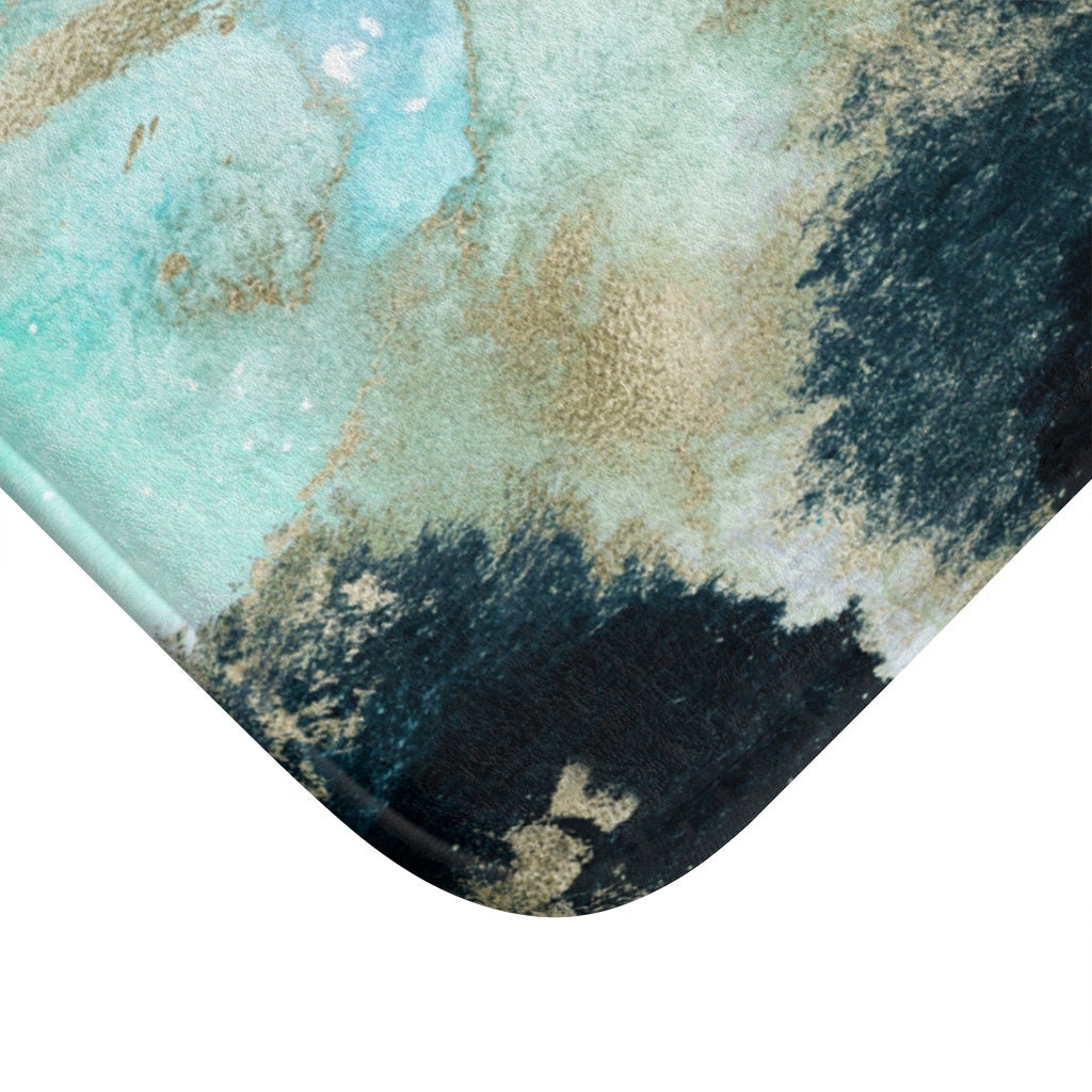 Bath Mat and Rug Blue Navy Mint Gold Watercolor Marble Etsy UK