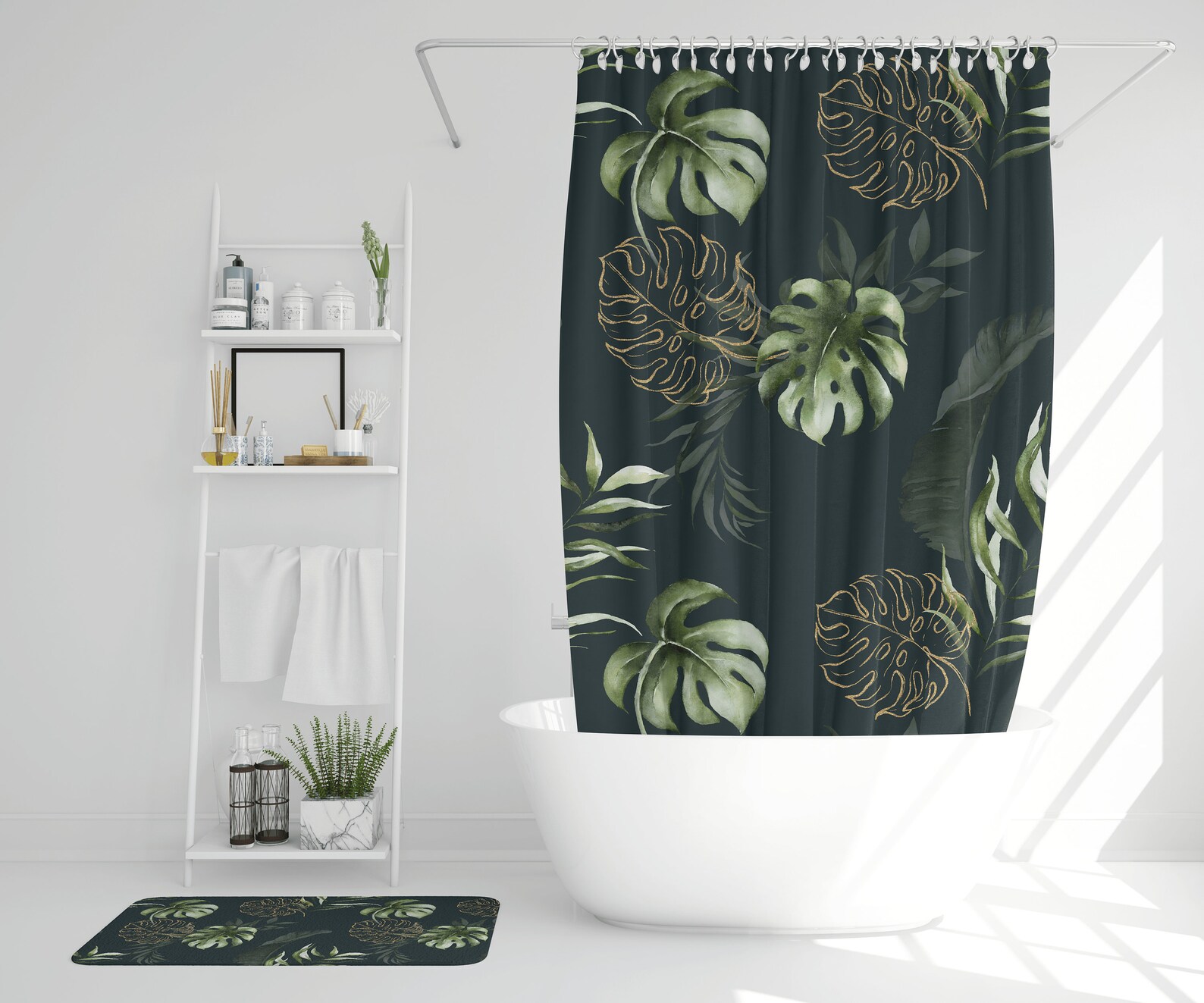 Grün und Gold tropischen Blätter Duschvorhang Badematte | Etsy