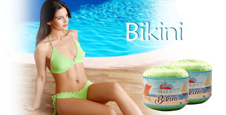 May include: A lime green crochet bikini set featuring a triangle top and side-tie bottoms. Two round balls of lime green yarn are displayed, each with a label featuring the text Himalaya Bikini, a beach chair, and a sailboat illustration.