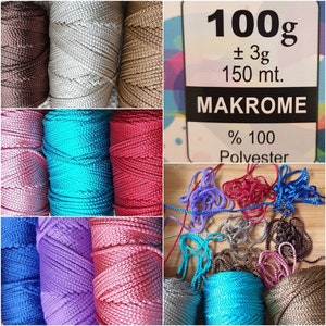 2 mm Polyester Macrame cord, 100 gr 150 mt Colored Polyester Yarn for macrame, PP cord for knitting bag, Polyester yarn for crochet bag