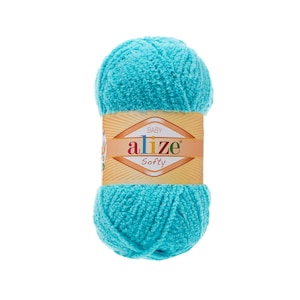 May include: A skein of turquoise blue yarn labeled "Baby Alize Softy".