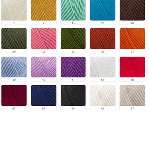May include: A color chart featuring 25 yarn samples in various colors. The swatches are arranged in a grid and numbered. Colors range from off-white and beige to blues, greens, pinks, and reds. Each swatch is a square.
