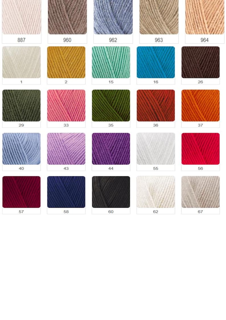 May include: A color chart featuring 25 yarn samples in various colors. The swatches are arranged in a grid and numbered. Colors range from off-white and beige to blues, greens, pinks, and reds. Each swatch is a square.