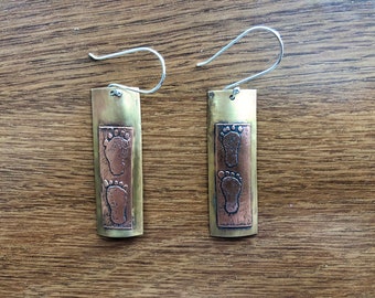 Etched Copper and Brass "Footprint" Earrings, handmade, long dangle earrings, handmade sterling silver ear-wires