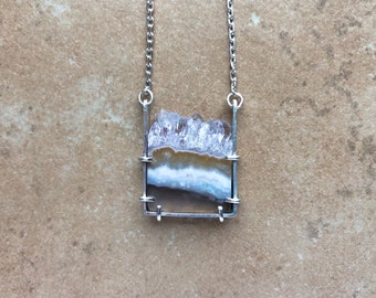 Sterling Silver and Druzy Agate Rectangular Pendant on Curb Chain