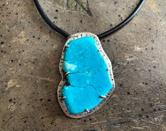 Sterling Silver and Turquoise Pendant on 3mm black leather 18-inch cord