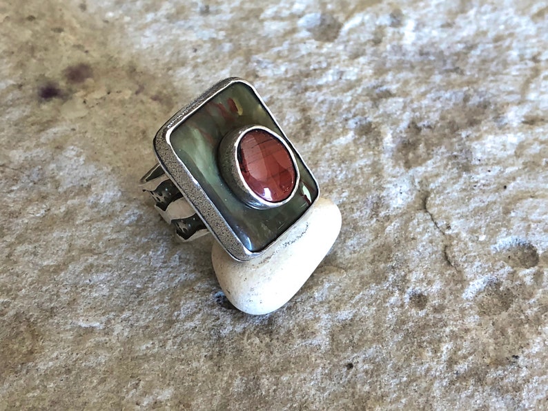 Sterling Silver Stone-on-Stone Jasper Statement Ring, size 7-3/4 image 1