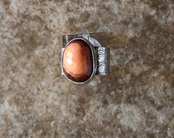 Sterling Silver and Mexican Fire Opal Ring, size 7.5, wide textured band
