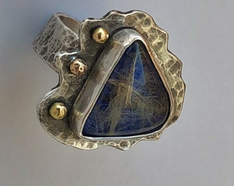 Argentium Silver and 18K Ring Featuring Lapis Lazuli and Rutilated Quartz Doublet, size 7