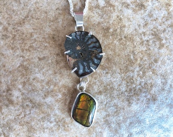 Sterling Silver, Ammonite, and Ammolite Pendant, optional sterling silver chain chain