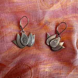 Sterling Silver Lotus Flower and Buddha Dangle Earrings, handmade