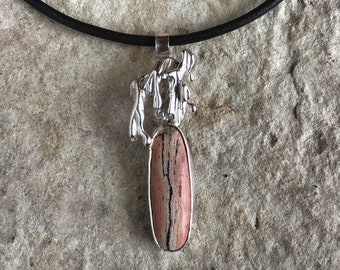 Sterling Silver and Bezel-Set Rhyolite Broomcast Pendant, handmade, optional black leather necklace, 20.5 in.