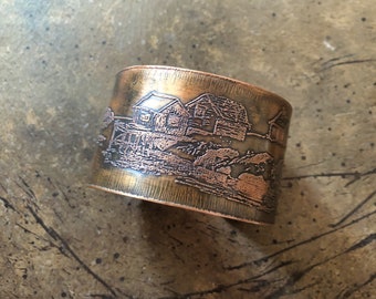 Copper Cuff Bracelet, Etched with Scene of Peggy's Cove, Nova Scotia, medium size