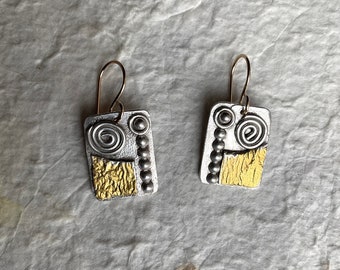 Sterling Silver Textured Collage Earrings, 24K Gold