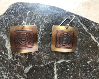 Etched Copper and Brass Square Earrings, dangle earrings, handmade sterling silver ear-wires.