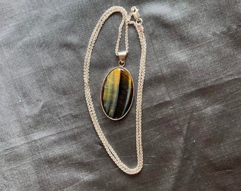 Blue Tiger Eye Pendant in Sterling Silver Setting, with Optional Luxurious Sterling Silver Chain