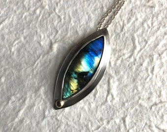 Labradorite Pendant, Sterling Silver with 18K Gold Button, optional 18-inch sterling silver chain