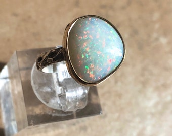 Solid Australian white Opal ring, 14K gold and Sterling Silver, size 6