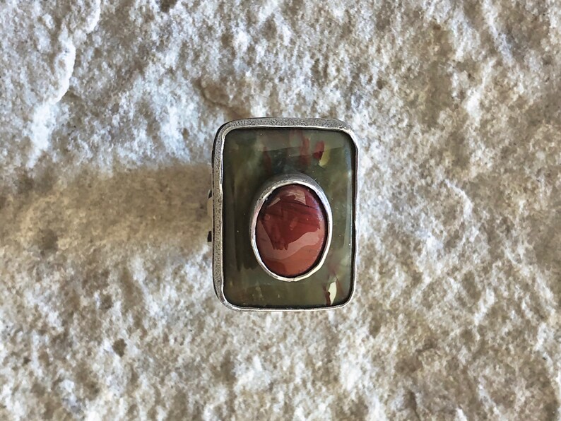 Sterling Silver Stone-on-Stone Jasper Statement Ring, size 7-3/4 image 3