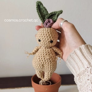 May include: A crocheted amigurumi mandrake doll with a green leaf and a purple flower on top. The doll is brown and has black eyes. It is sitting in a terracotta pot.