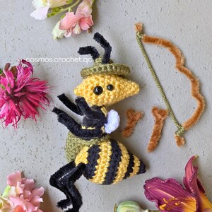 Crochet wasp amigurumi fantasy character with wings and archer style details