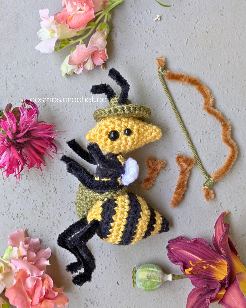 Crochet wasp amigurumi fantasy character with wings and archer style details