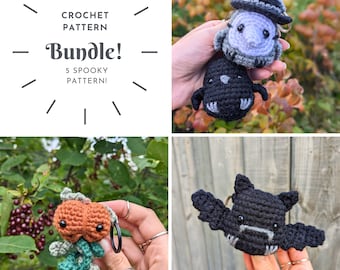 May include: Crochet pattern bundle featuring five spooky amigurumi designs: a ghost, a bat, a pumpkin, a witch, and a black cat. The designs are all crocheted in black, white, orange, and purple yarn.