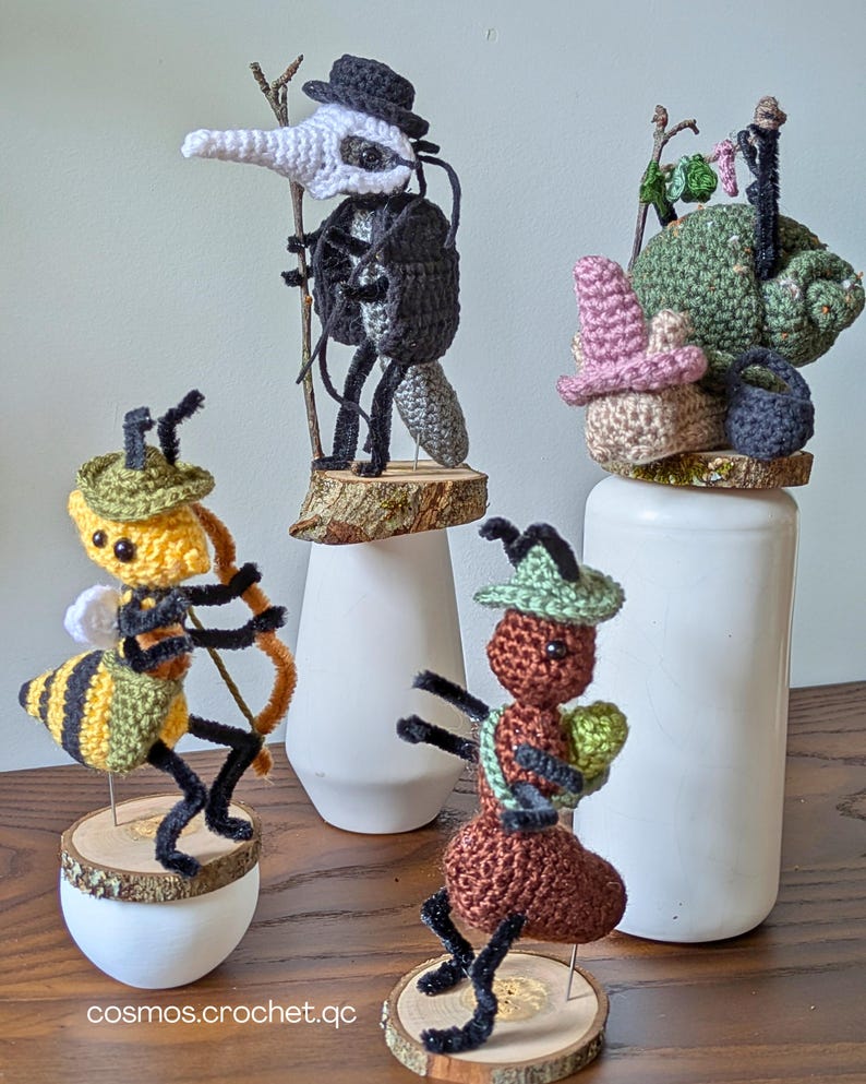 DND insect crochet pattern bundle showing four fantasy amigurumi bug characters in colorful yarn