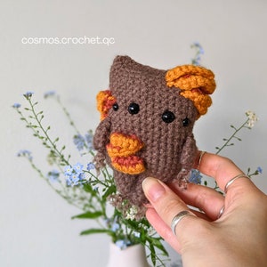 May include: A brown crocheted amigurumi toy with orange and brown accents. The toy has large black eyes and a whimsical expression. The toy is being held by a hand.
