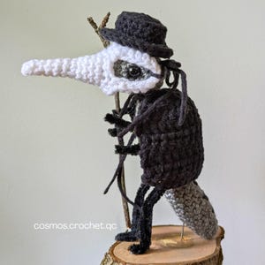 May include: A handcrafted crochet bird-like figure with a white beak and head, a black body, and a small black hat. It holds a twig and stands on a wooden base. The text "cosmos.crochet.qc" is visible.
