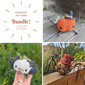 May include: A crochet pattern bundle featuring three spooky crochet patterns: a pumpkin, a spider, and a bat. The crochet patterns are shown in the image as finished amigurumi toys.