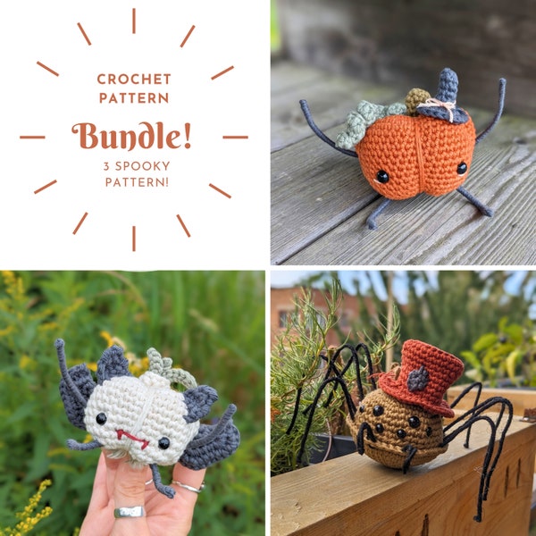 Spooky Halloween Amigurumi Bundle - Witchy Pumpkin, Spider, Bat Crochet Patterns