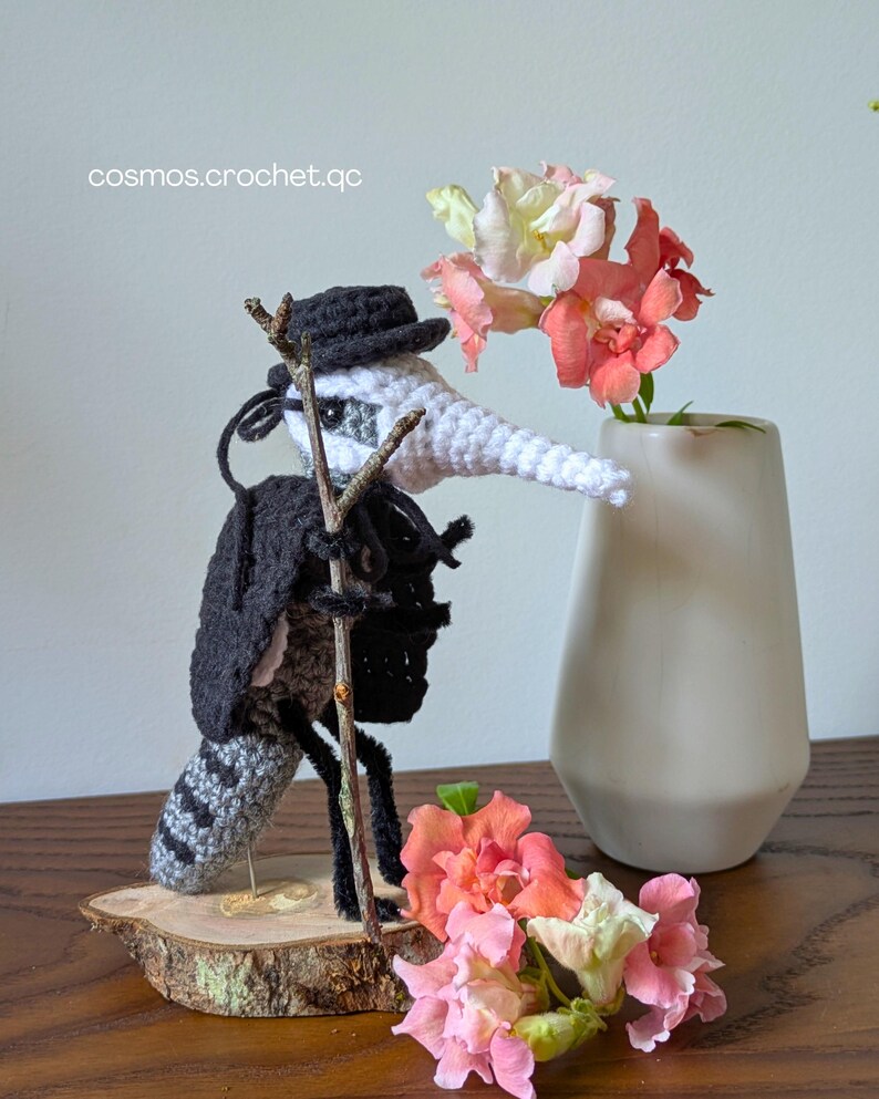 Handmade crochet plague doctor character inspired by DND gothic fantasy theme